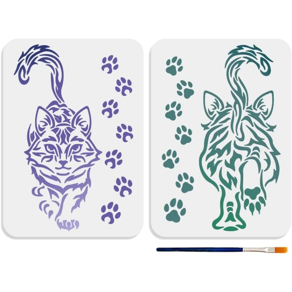 2pcs Walking Cat Stencils 11.7×8.3inch Cat Paw Prints Stencil with Paint Brush 2 Cat's Face and Back Reusable Pet Theme Template