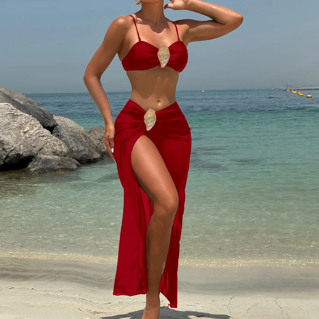 Neu mit Rock, Metallring, brasilianischer Bikini, Damen-Badeanzug, Damen-Bademode, dreiteiliges Bikini-Set, Badeanzug, Badebekleidung, Schwimmbekleidung V6990 – Detail 2