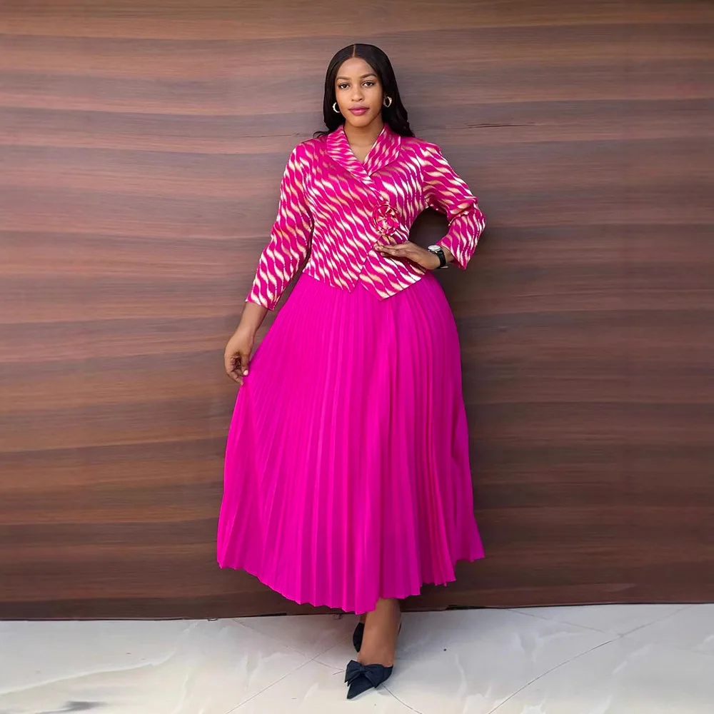 Miyake จีบกระโปรงชุดผู้หญิง 2025 ใหม่ Gold-Plated Lapel 2 ชิ้นชุดแฟชั่นหลวมขนาดใหญ่พับกระโปรง