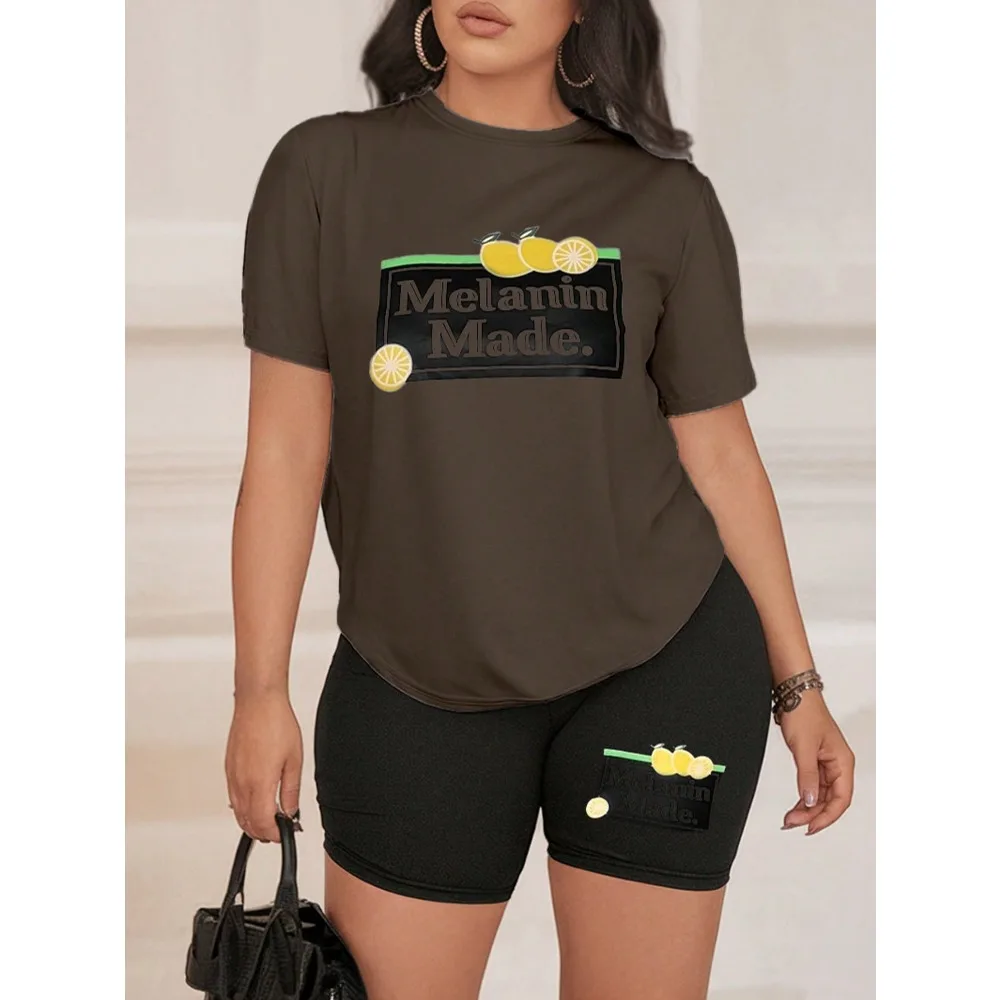 Plus Size 1XL-5XL Spring Summer Women's Fashion 2-piece Set Short Sleeved T-shirt & Printed Shorts Suit Ladies Casual Sets