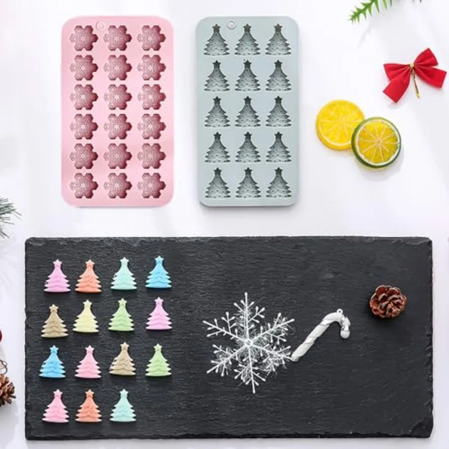 2 قطعة قوالب شوكولاتة عيد الميلاد ندفة الثلج قالب الحلوى شجرة عيد الميلاد الصغيرة قالب من السيليكون قوالب خبز عيد الميلاد لقصب حلوى جيلو