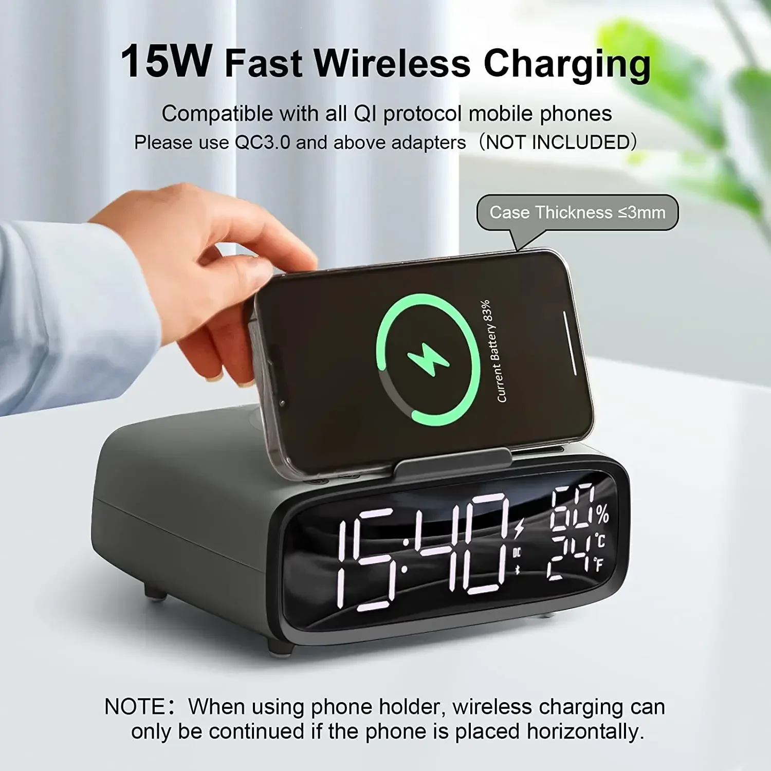 Bluetooth Speaker  Wireless Charging Dual Alarm Clock  Bedroom Temperature Display 3-level Brightness Digital Clock  Night Light