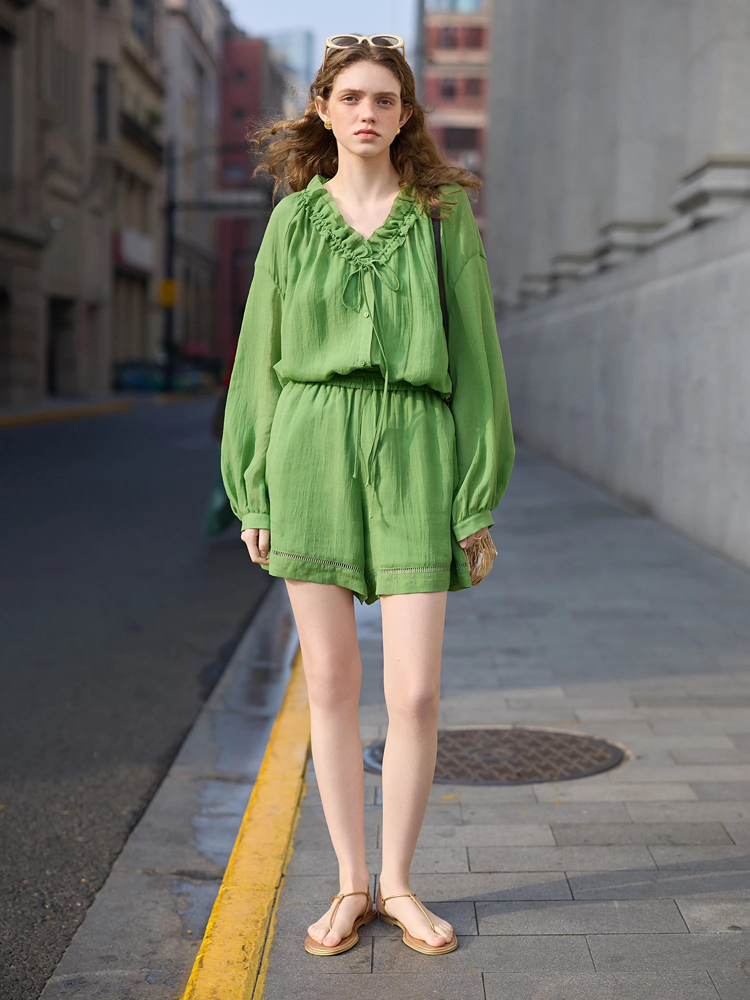 FSLE Women Shirt Shorts Sets Female Spring Thin Green Long Sleeve Blouses 57.9% Ramie Female Two Sets 25FS11230+25FS11247