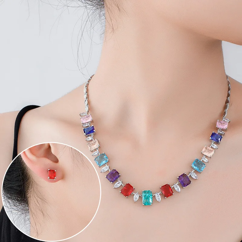 Japanese and Korean Necklaces Women's Collarbone Chains Instagram Colored Zircon Red Earring Set