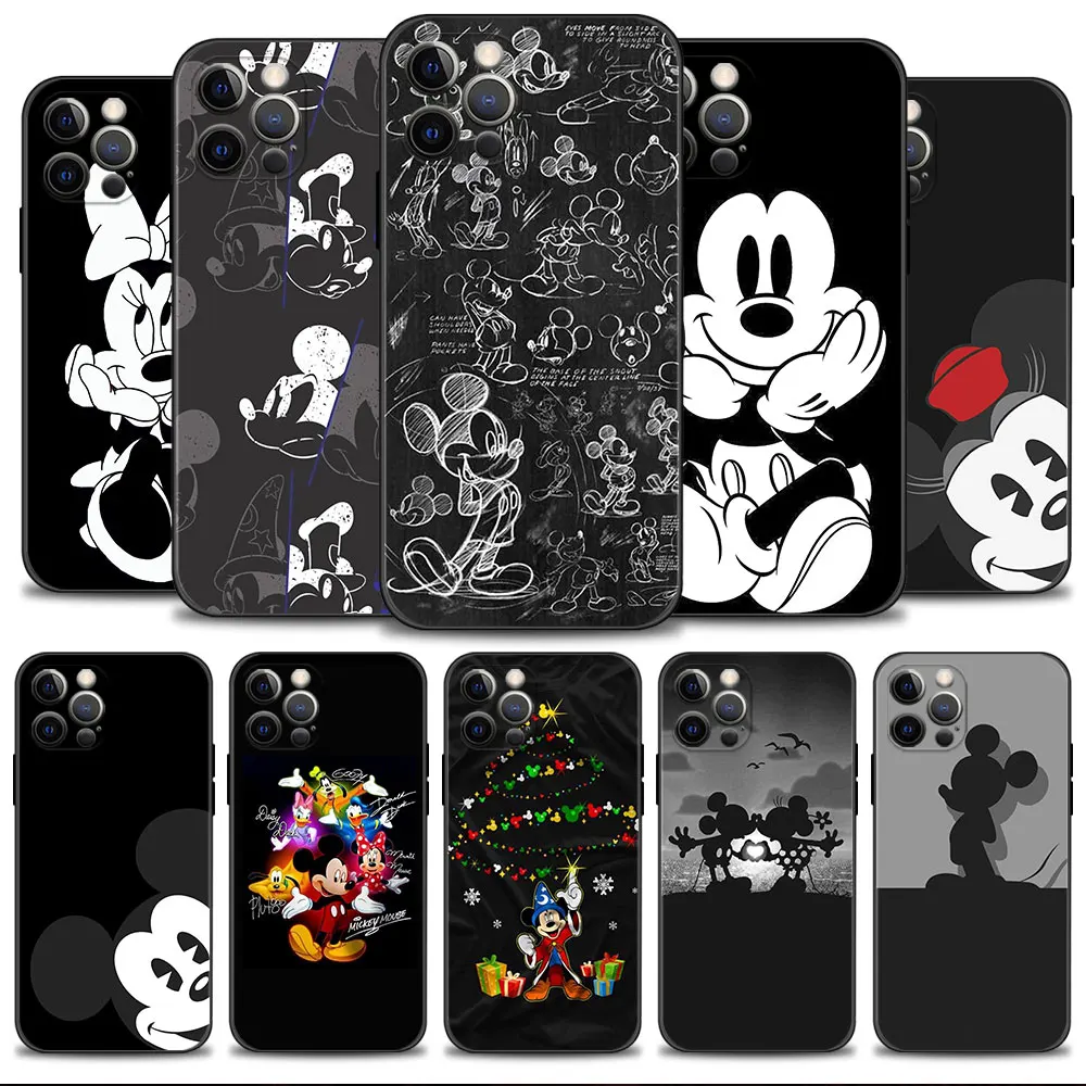 Phone Case For Apple iPhone 15 14 13 12 11 Pro Max 13 12 Mini XS Max XR X 7 8 Plus Cover Disney Mickey Minnie Black White Art