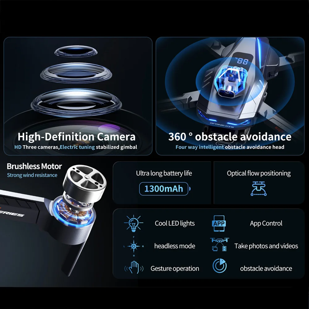 طائرة بدون طيار GT8 2.4G تدفق بصري أمامي وخلفي ثلاثة كاميرات بدون فرش مع عدسة مزدوجة WIFI 360 °   تجنب العوائق RC كوادكوبتر