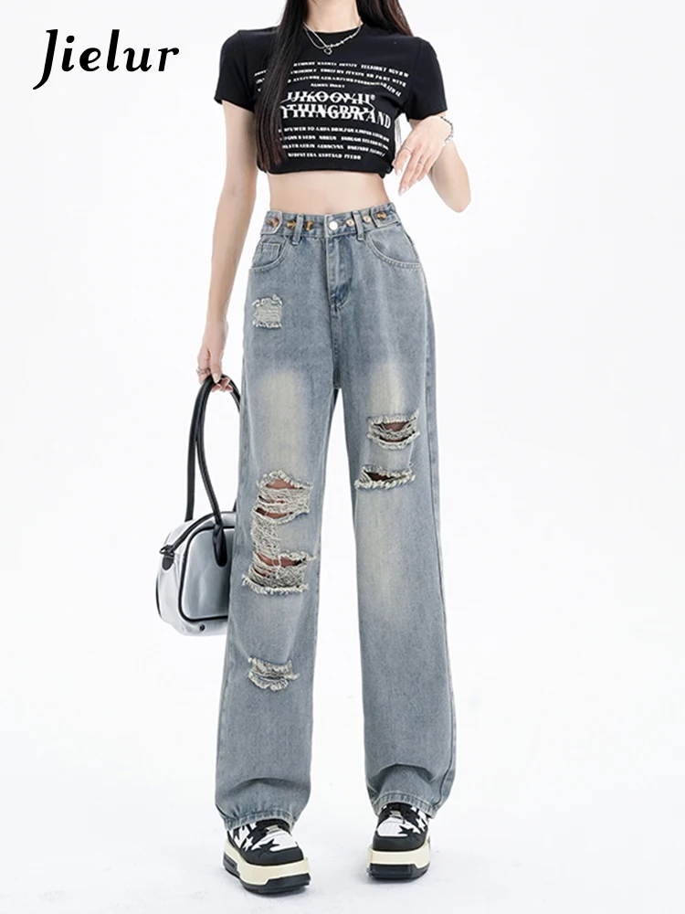 

Jielur Retro High Waist Ripped Jeans Straight Denim Pants Women Baggy Wide Leg Jeans Kpop Style Summer Casual Floor Jeans Female