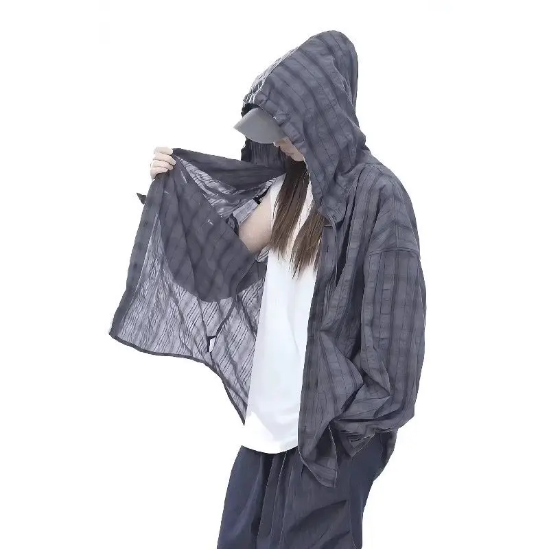 

Ледяной шелк Qui Dry с капюшоном, солнцезащитная одежда Long Sve Plaid irt Lazy Sle, свободная пара, верхняя одежда для мужчин и женщин