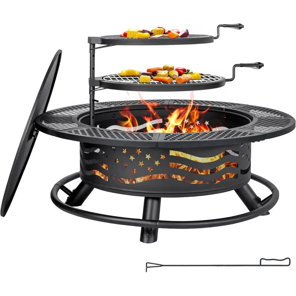 

42 Inch ire Pit with 2 Cooking Grates, Outdoor Wood Burning BBQ Grill irt Bowl with Cover Lid, Steel Round Table or Backyard Bon