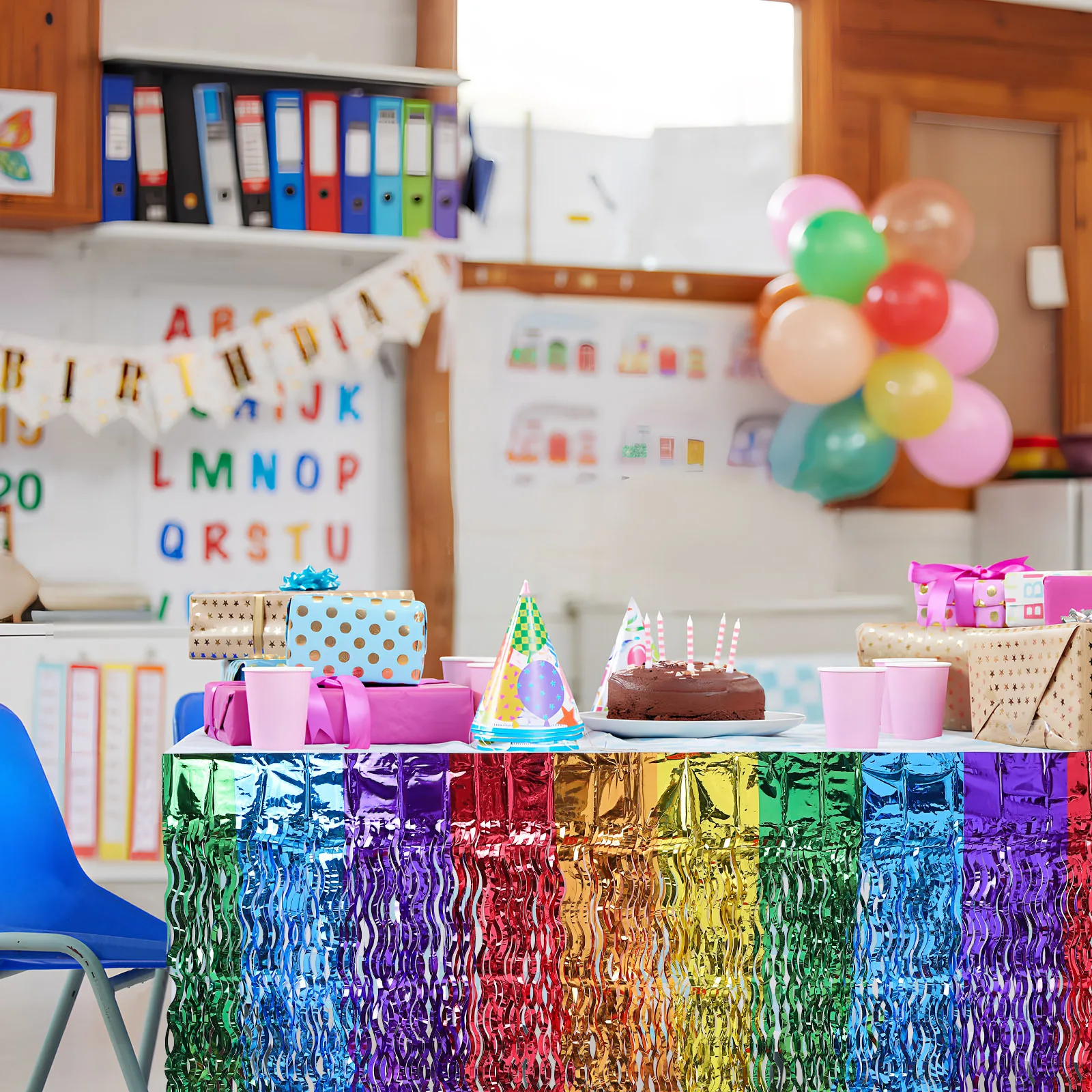 

2Pcs Wavy Rainbow Table Skirts Decorative Fringe for Carnival Birthday Bridal Shower Party Decorations Rainbow Table Skirt