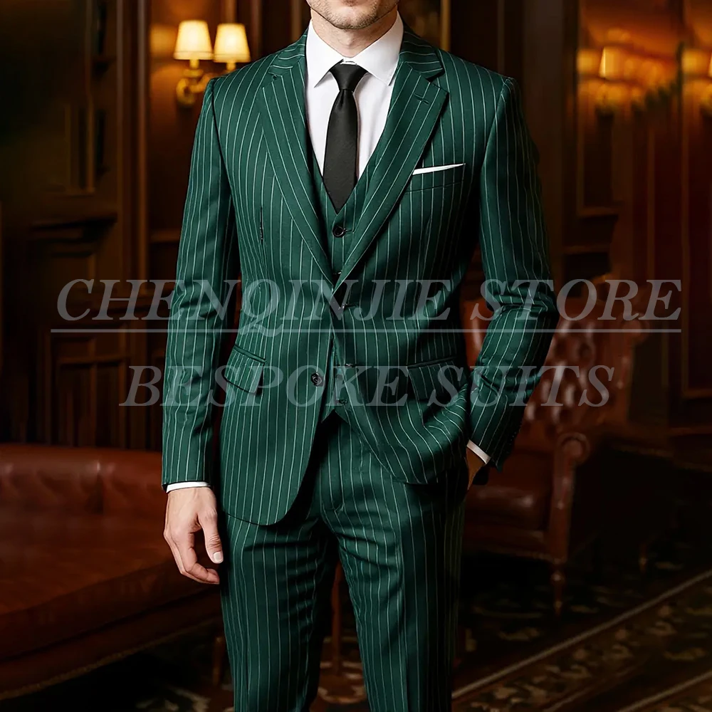 

Облегающие мужские костюмы в тонкую полоску, однобортные, с лацканами, узкая куртка из трех предметов, брюки, жилет, элегантные свадебные наряды, комплект одежды