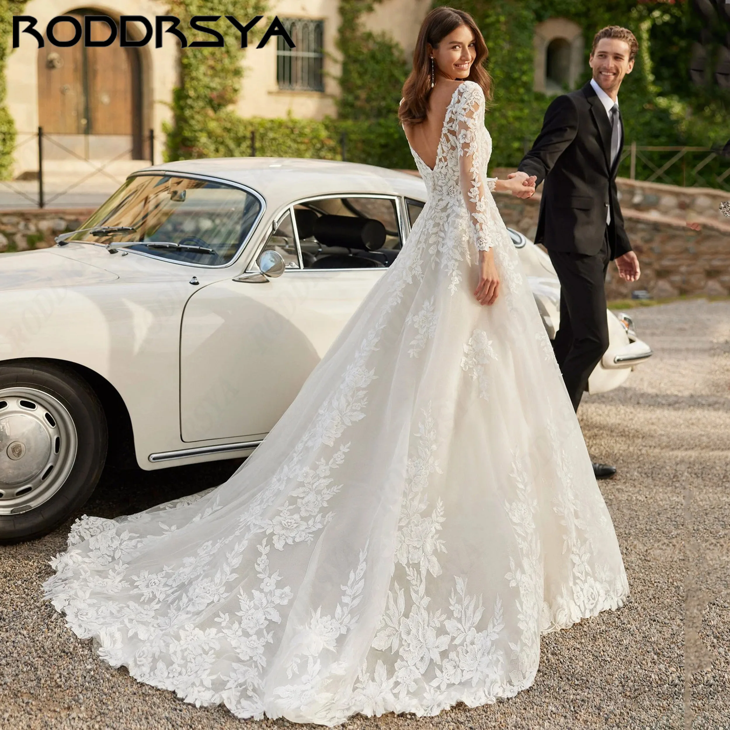 RODDRSYA Princess A-Line V-Neck Wedding Dress Backless Tulle Lace Appliques Bride Gown Court Train Vestido De Novia Customized