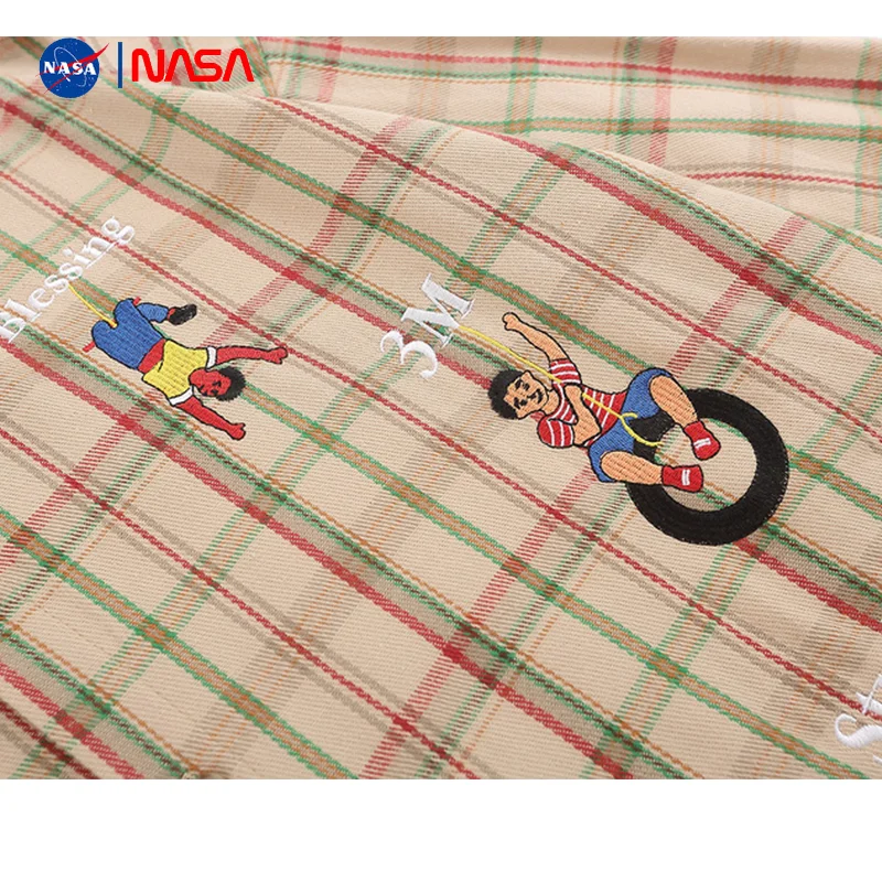 Khaki Plaid Y2K Sporty Cartoon Embroidery Blouses Button Up Shirts Students 3XL Long Sleeve Tops Korean Harajuku Kawaii Clothes