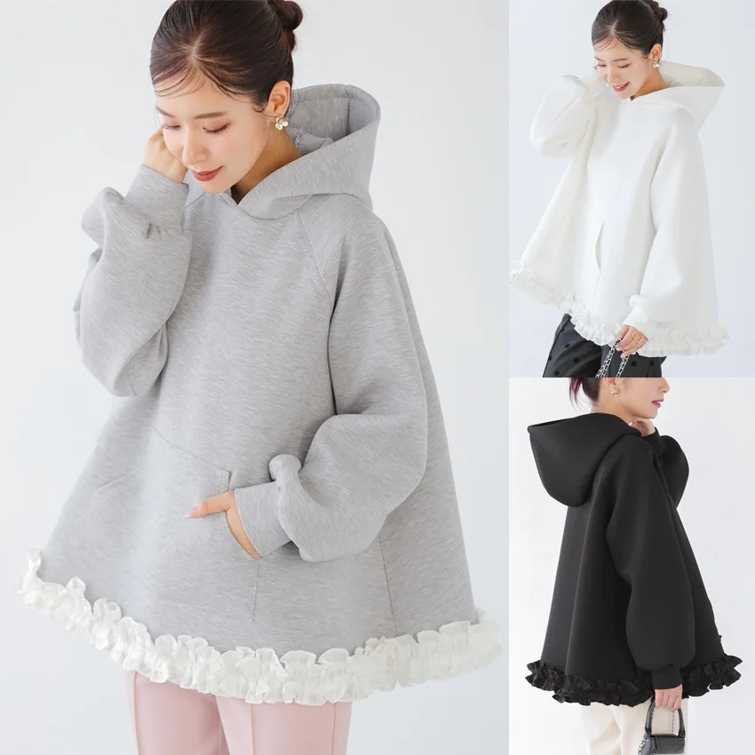 

Sweet Japanese Style Loose Fit Hoodie Jacket Women's Air Layer Splicing Earlet Lace Patchwork Pocket Long Sleeve Polyester