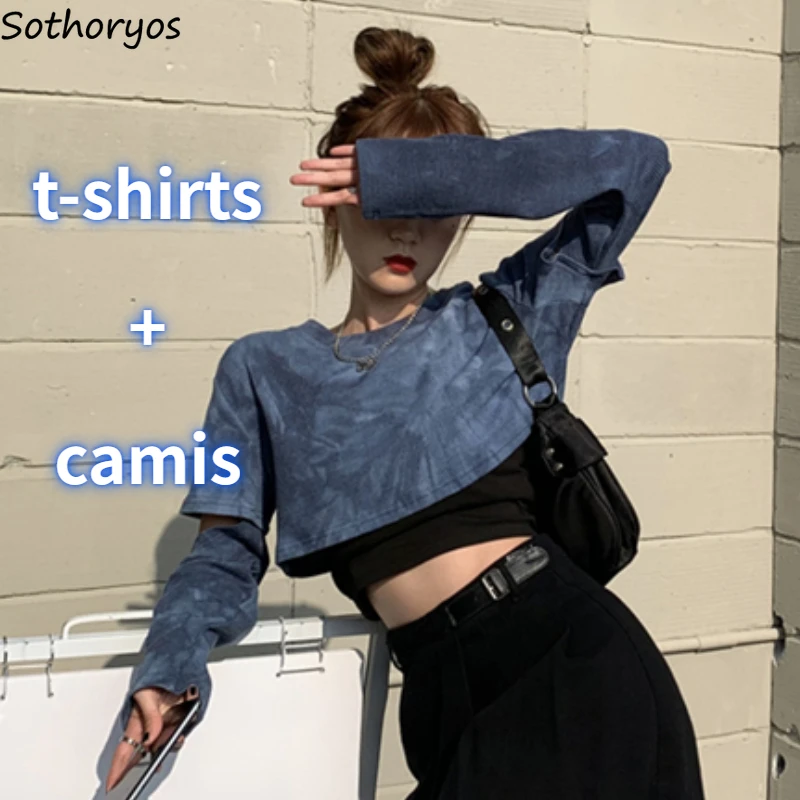 Two Piece Sets Womens Outifits Crop Slim Camis Hollow Out Tie Dye T-shirts Vintage Hotsweet Tender Holiday Soft Ulzzang Popular