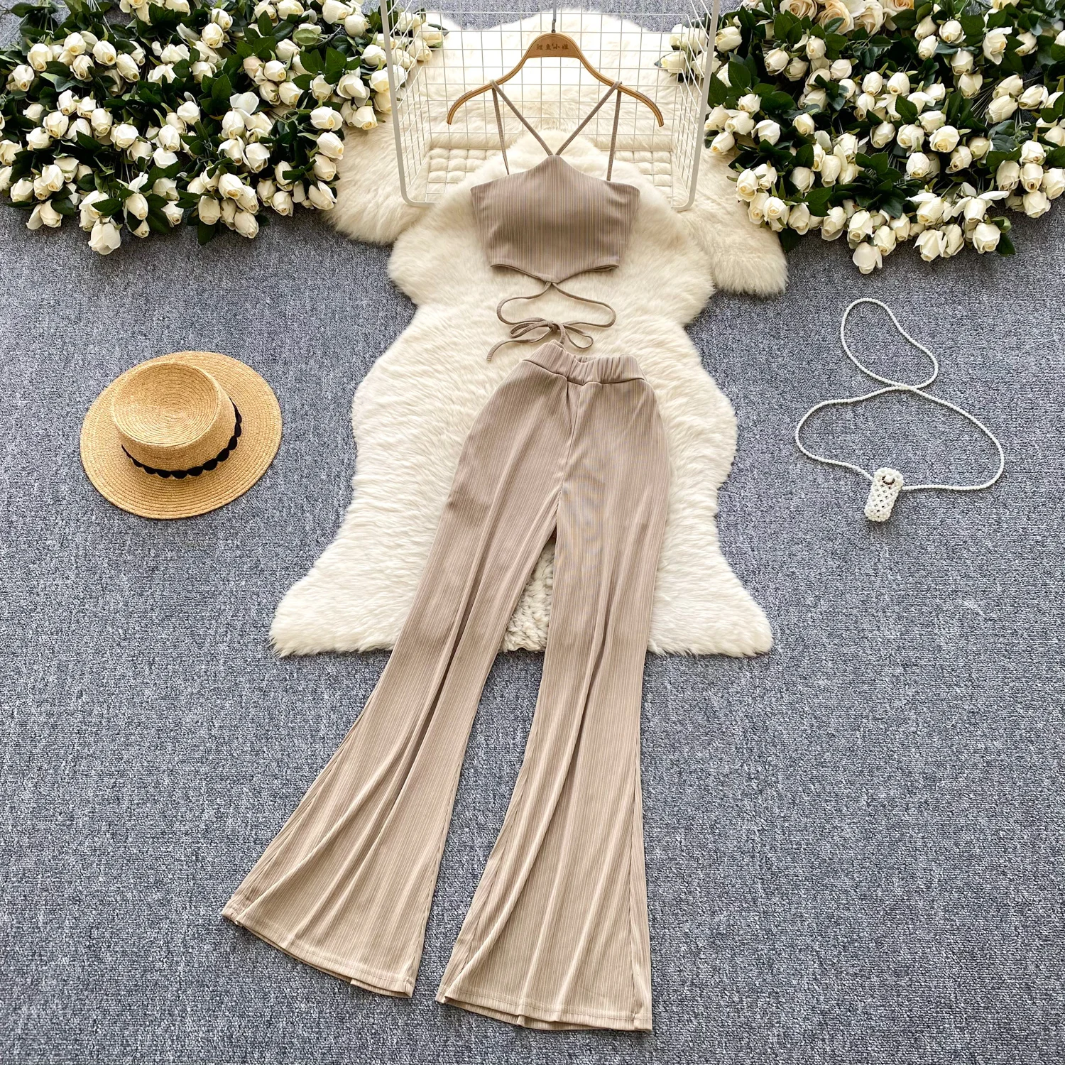 Vrouwelijke trendy zomertopbroek set 2-luxe design pak trekkoord camis tanks flare broek hotsweet sexi nachtclub streetwear