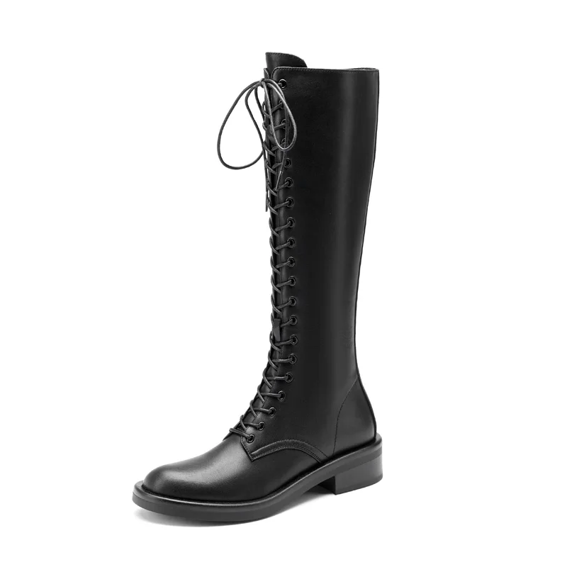 Women Leather Knee High Boots SmallHut Autumn Winter Black Brown Zipper Mid Square Heels Sexy Ladies Cross Strap Round Toe Shoes