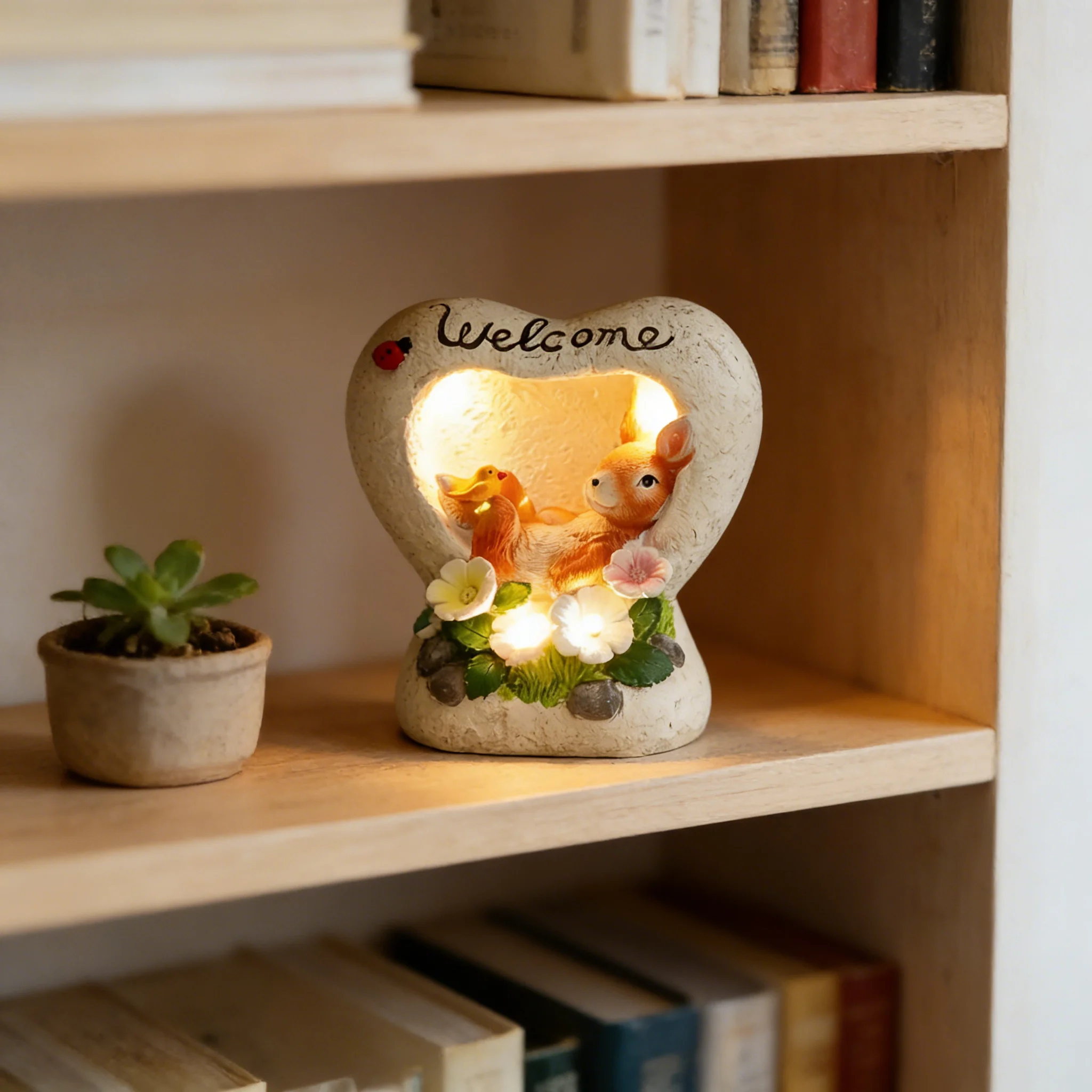 

Solar Powered Welcome Heart Garden Lantern, Cute Bunny and Bird Figurine, Handcrafted Resin Outdoor Decor for Patio
