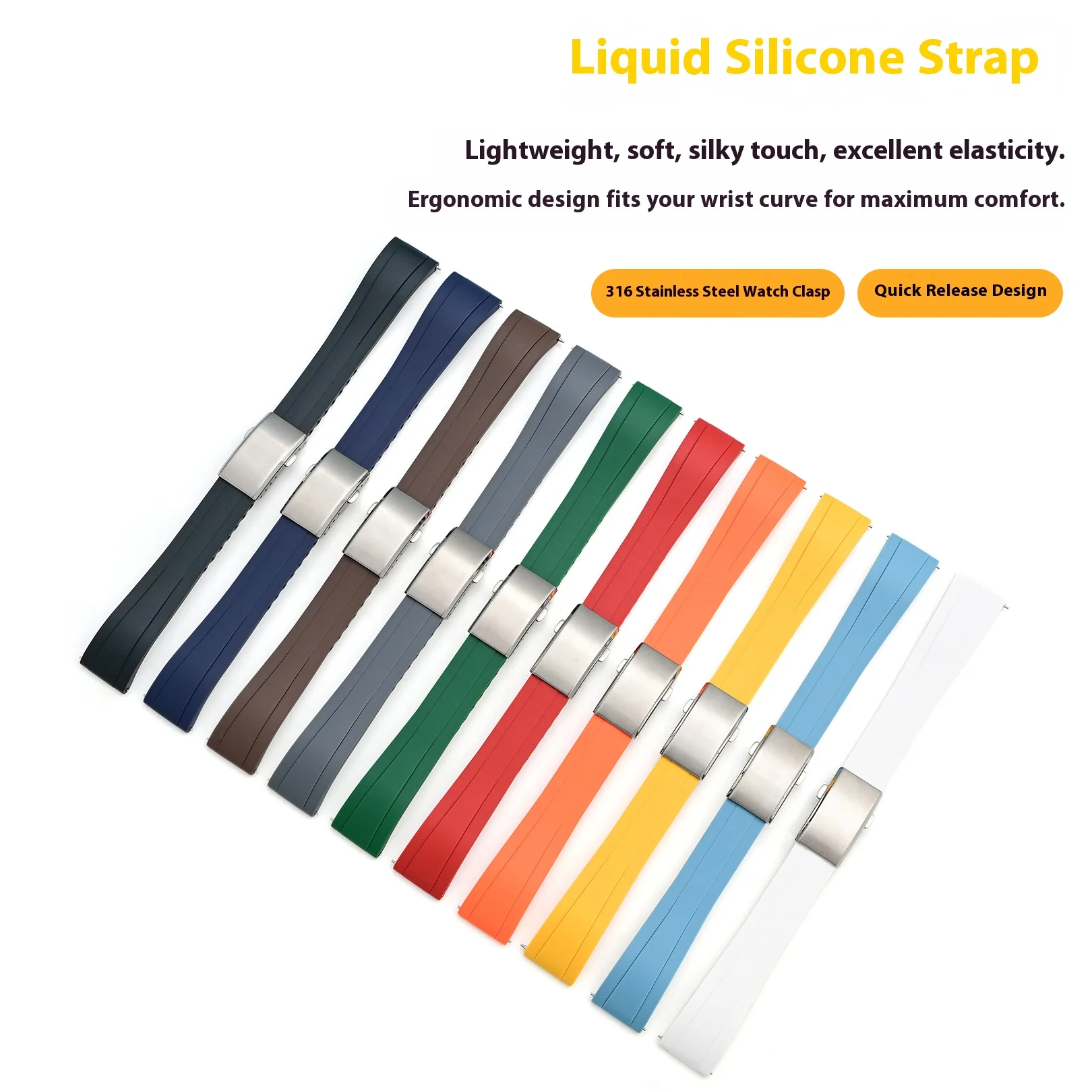 Cut to Size Liquid Silicone Strap 20mm 22mm 316 Folding Buckle Quick Release Sport Waterproof Universal Replace Watch Band