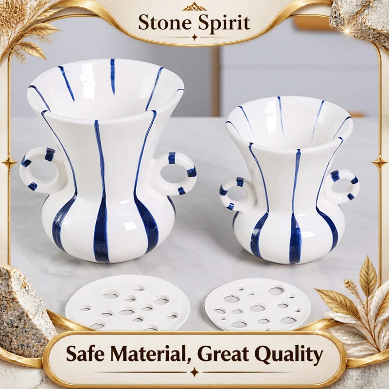 Double Ear Ceramic Vase, Geometric Striped Porous Hydroponic Vase, Living Room Flower Arrangement Container, Home Decoration
