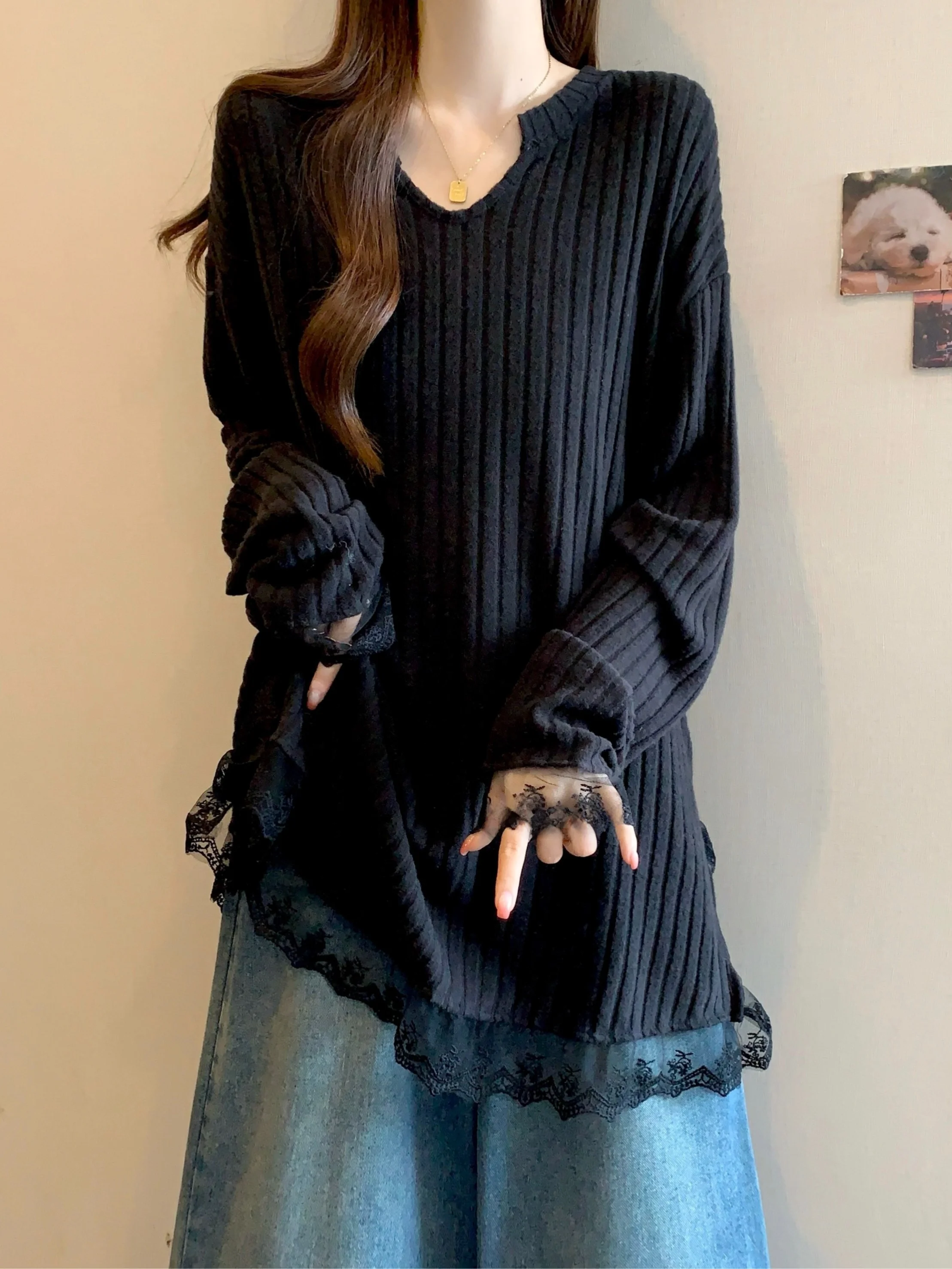 

plus Size Women's V-Neck Knitwear Spring Autumn Lace Trim Conceal Meat Slimming Top Casual Comfortable Soft Long Sleeve Sweater