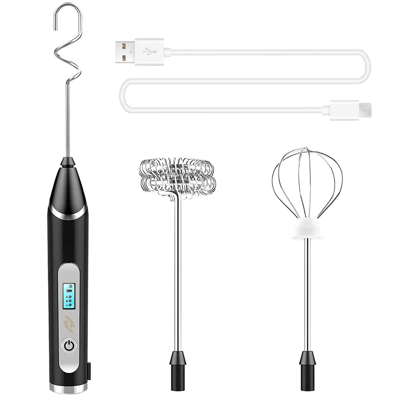 Milk Frother, USB Rechargeable LCD Hand Mixer with 3 Stainless Steel Whisk, 3 Speeds Handheld Frother Whisk, Electric