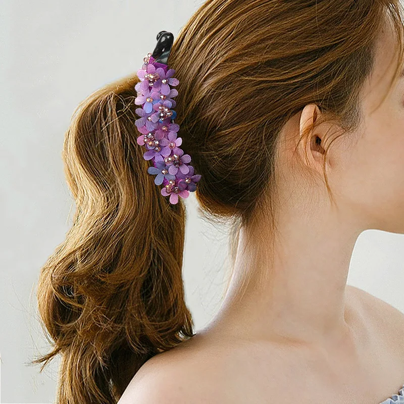 Vintage Crystal Beads Gauze Flower Banana Clip Headdress for Women Korean Colorful Non-slip Hairpin Ponytail Hair Accessories