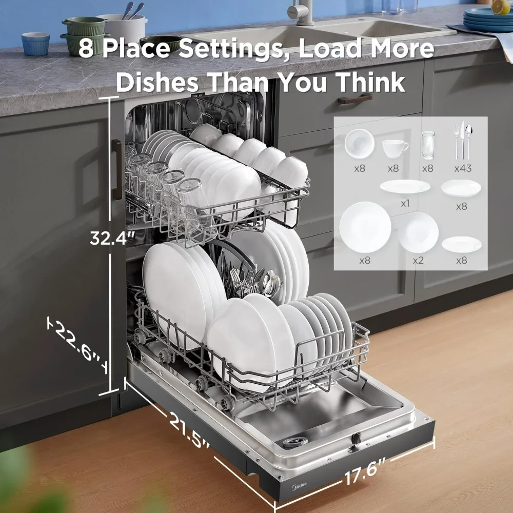 Máquina de lavar louça embutida preta, banheira de aço inoxidável, aquecida seca, Energy Star, 8 configurações, 6 programas de lavagem, MDF18A1ABB