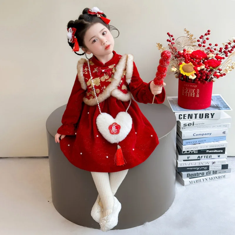 فستان الفتيات لخريف وشتاء 2025 فستان هانفو على الطراز الصيني الجديد فستان أحمر للعام الجديد على الطراز الصيني الجديد #1