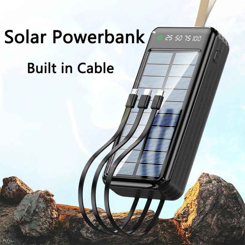 Power Bank with Built in Cable 80000mAh Solar Energy LED Light for iPhone 15 14 Samsung S22 S23 Xiaomi 10 Mobile Phone Charger