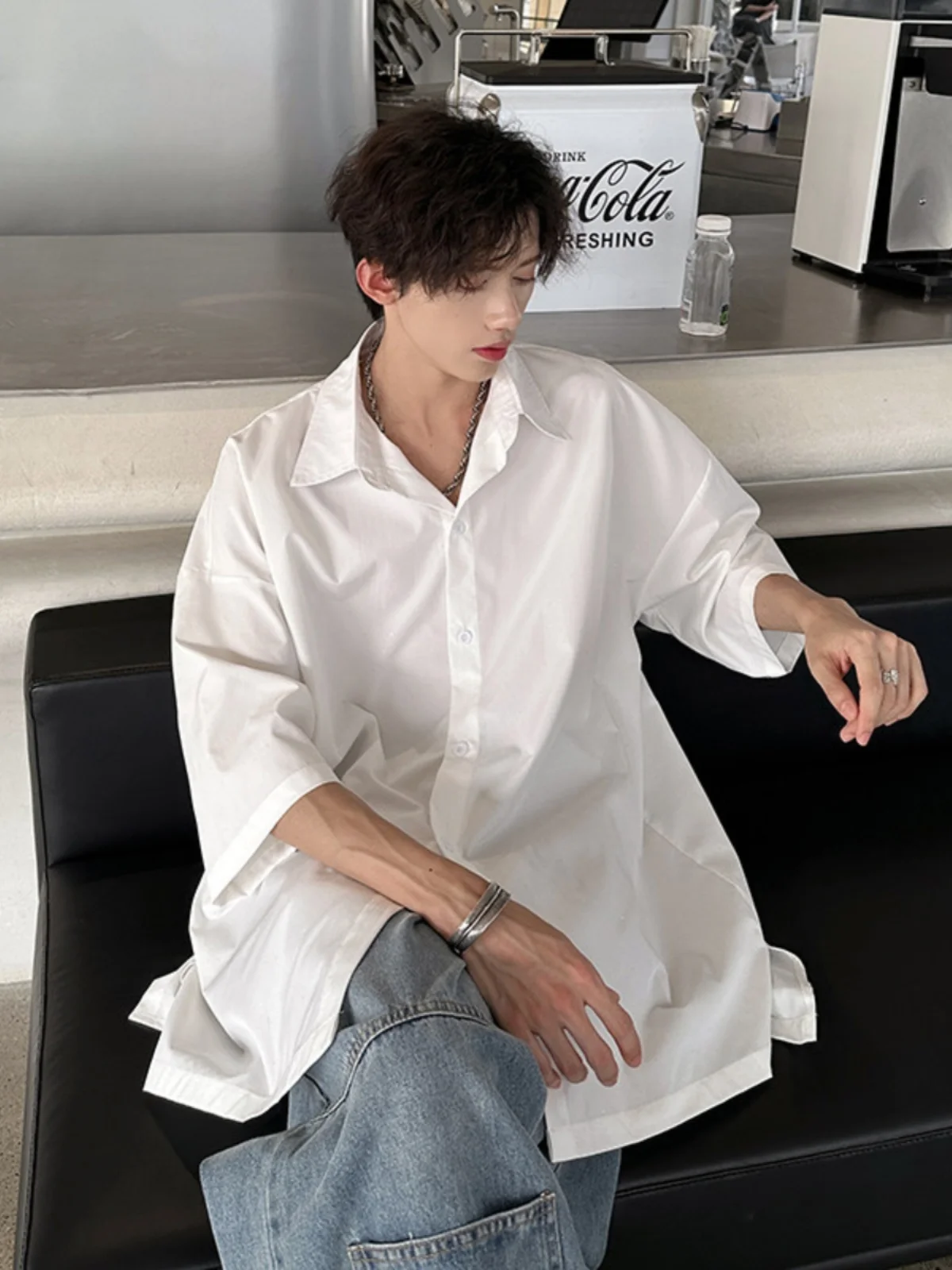 

Pure White ort Sve Men's irt Trendy Brand High-End Feeling Cool Haome Seven-Sve Oversize f-Sve Top