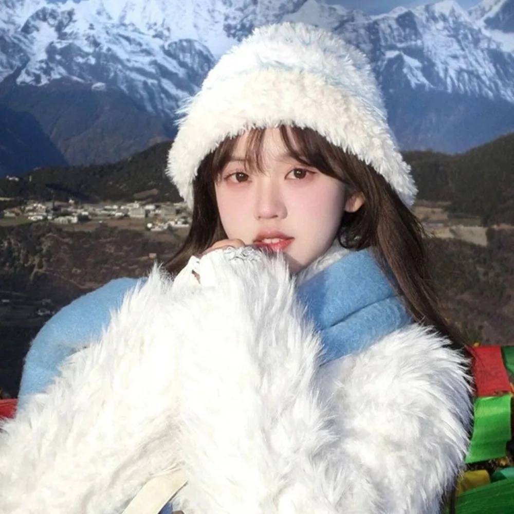 Faux Fur Bucket Hat Cold Protection Ear Protection Ear Flap Hat Thick Korean Style Large Head Circumference Hat Daily Outdoor