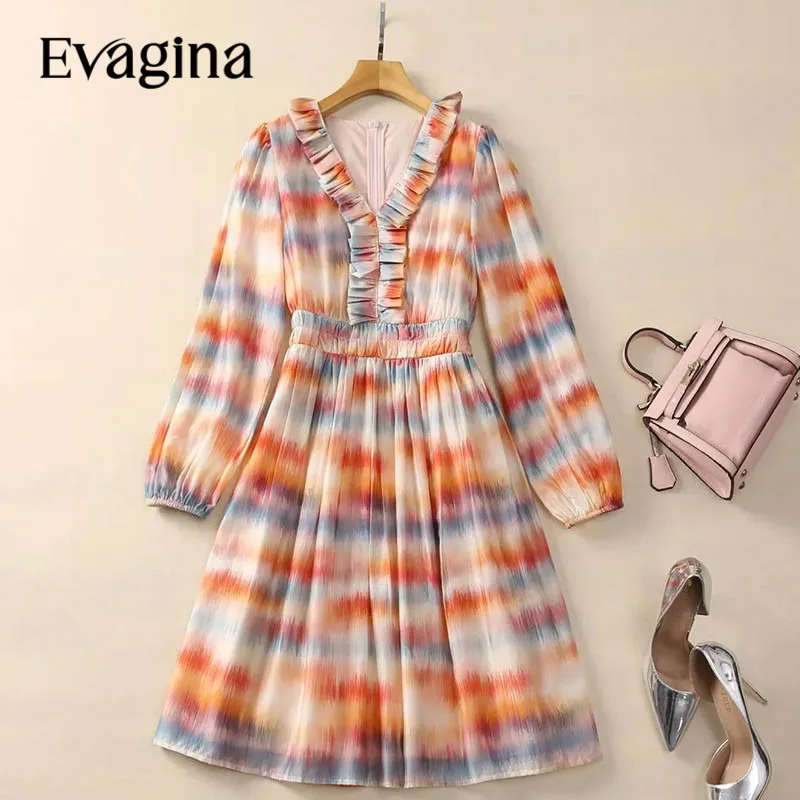 

Evagina New Fashion Runway Designer Women's Lotus Collar Long Sleeved High Street Camouflage Printed Dress