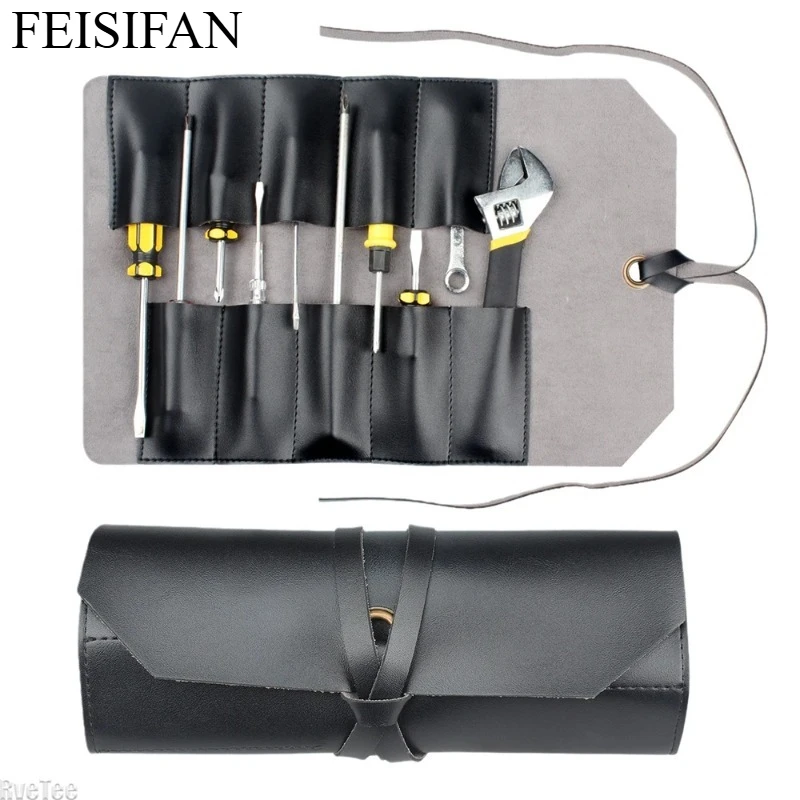 PU Leather Drawstring Tool Roll Bag, Multi-Slot Storage Pouch for Electric Tools