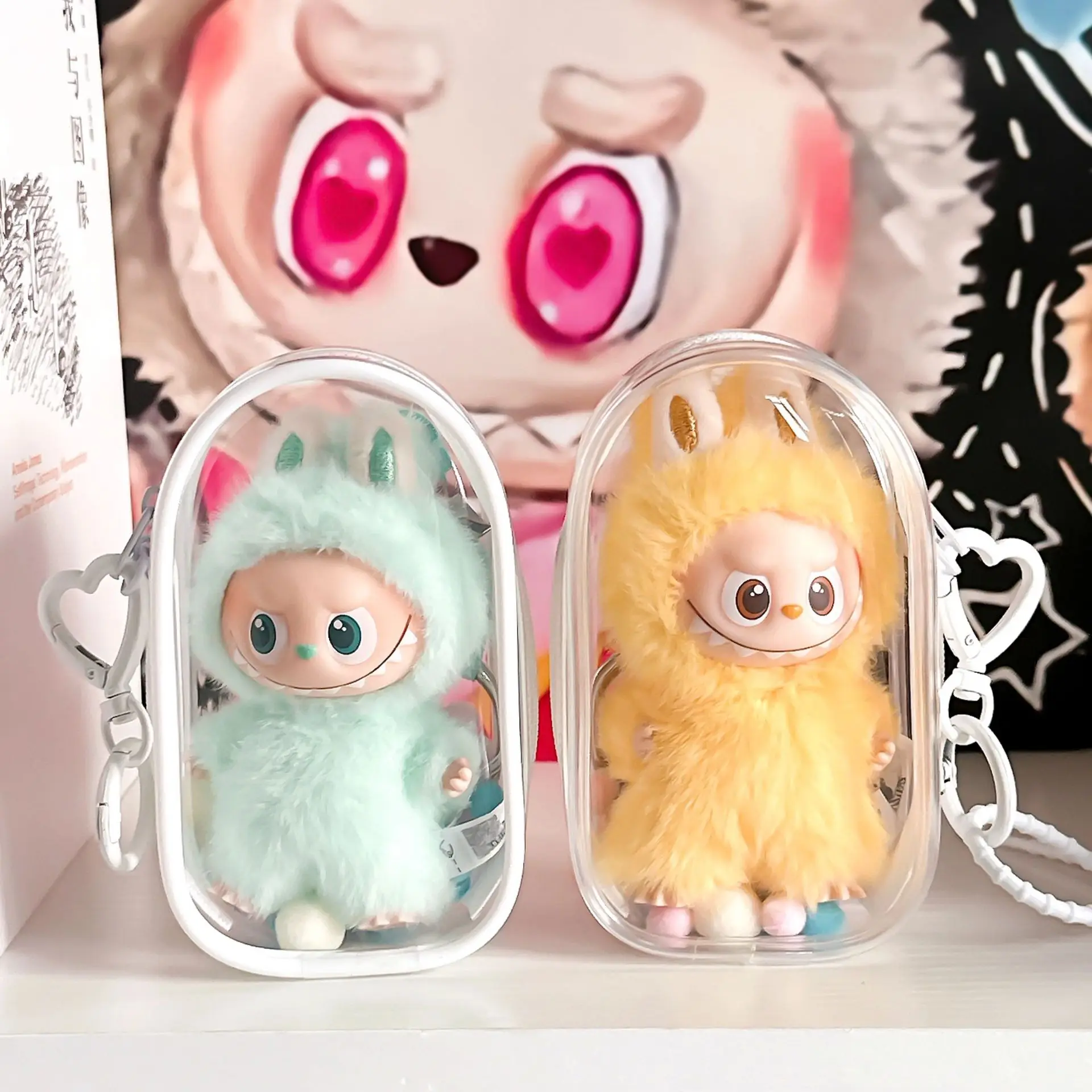 حافظة واقية شفافة لـ Labubu V4 PIN لسلسلة الحب حقيبة واقية ملونة مقاومة للغبار ملحقات الدمية مع سلسلة مفاتيح