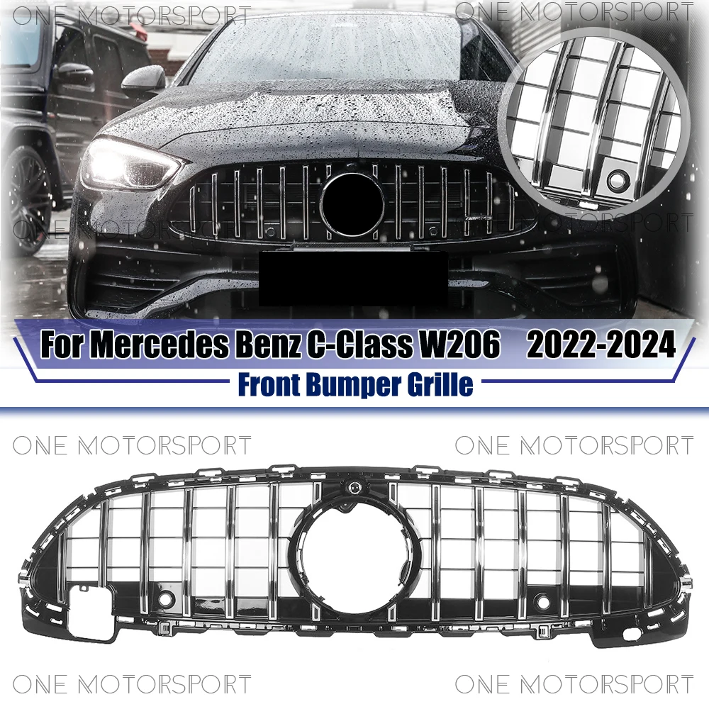 

Chrome Silver Front Bumper Grille For Mercedes Benz C-Class W206 2022-24 C200 C300 C43 AMG GTR Style Racing Grille Bumper Grille