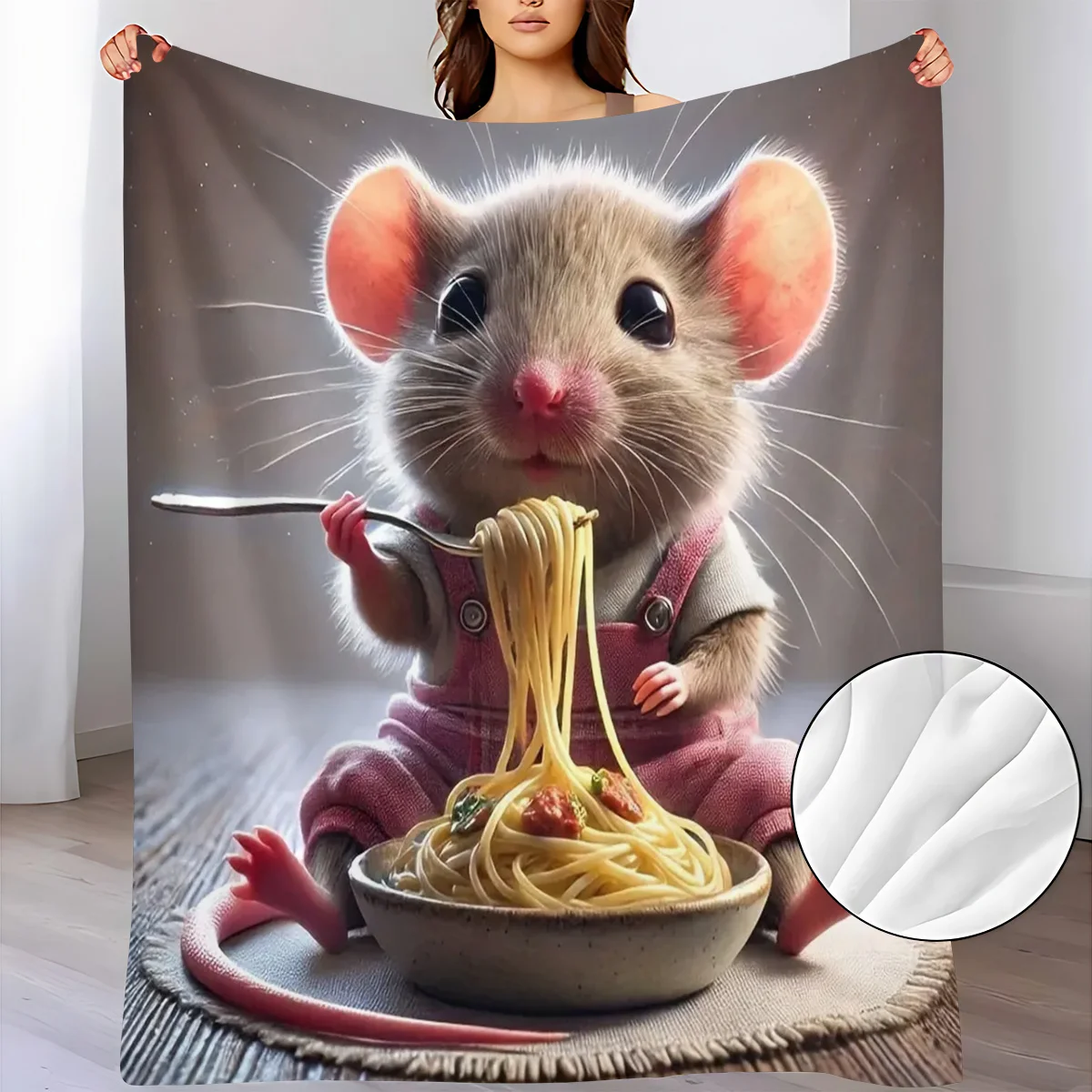 Cute Mouse Eating Spaghetti Flannel Throw Blanket Adorable Little Mouse In Pink Overalls Enjoying Pasta Vivid Cartoon Art Print