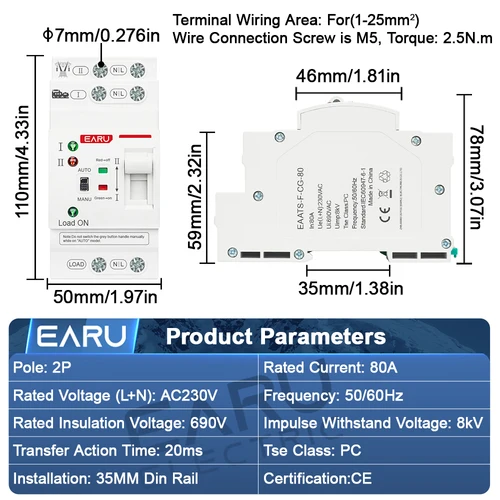 Imagen 2 del producto 2P 80A AC 230V 50/60Hz ATS Mini interruptor de transferencia automática interruptores selectores eléctricos de doble potencia potencia potencia ininterrumpida carril Din