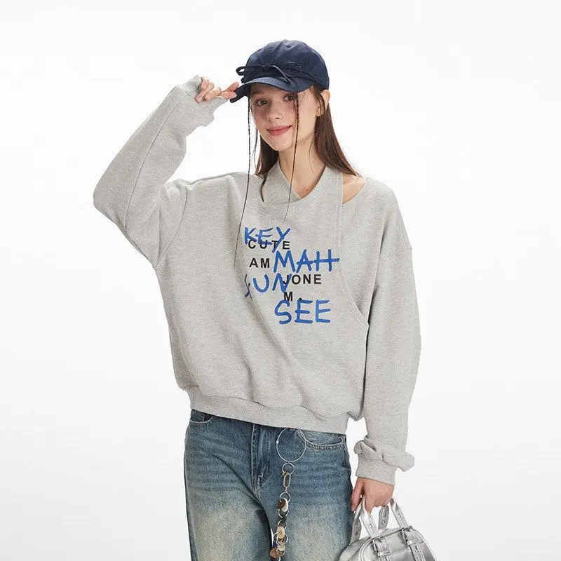 เสื้อสเวตเชิ้ตโอเวอร์ไซส์ผู้หญิง HeyHenry American Sle ดีไซน์แบบไม่มีปก แฟชั่นฤดูใบไม้ร่วง สไตล์ลำลอง แขนยาว ชุดสาวเปรี้ยว