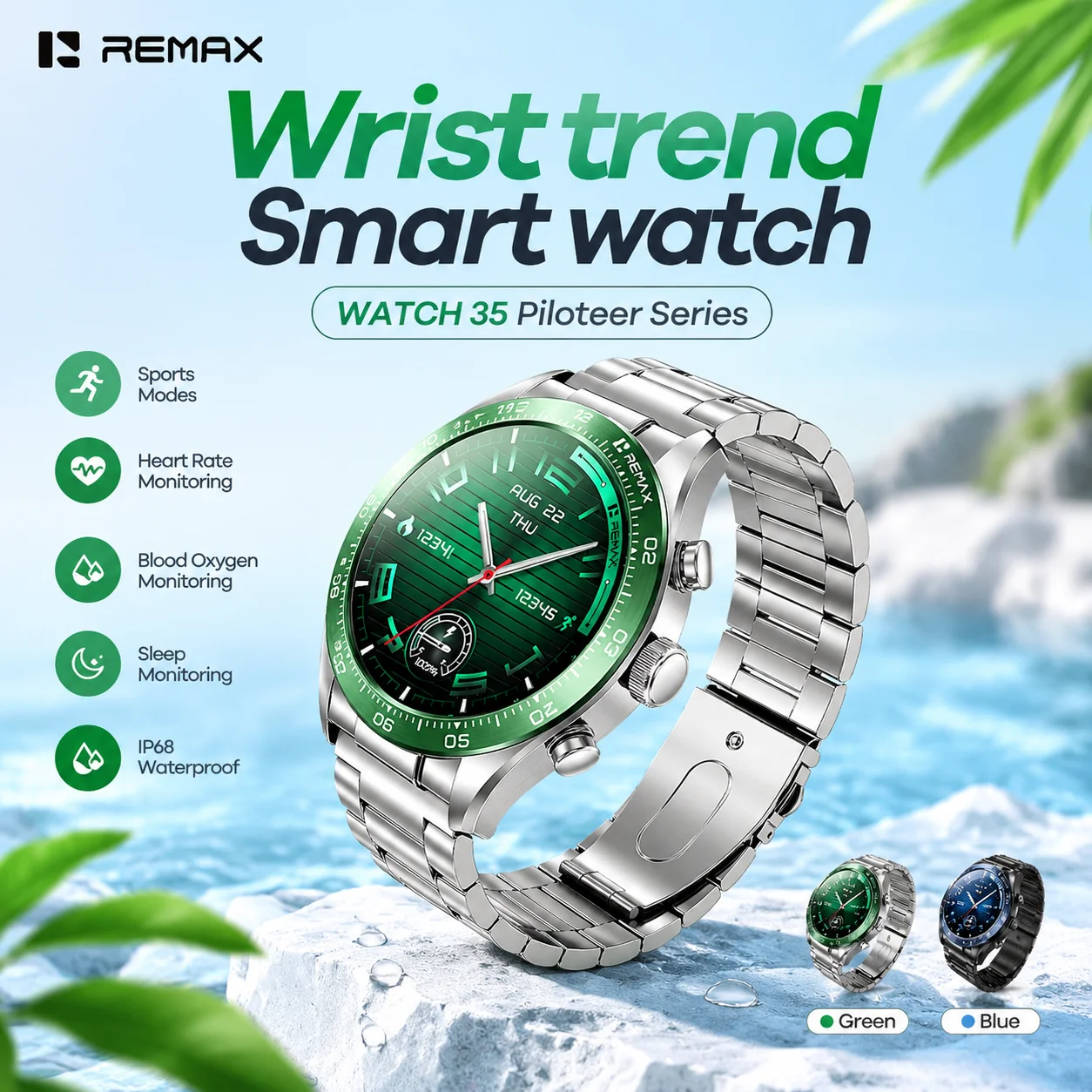 REMAX Smart Watch Sync Time Weather Language 350mAh Battery Magnetic Charge Metal Frame Wrist Watch