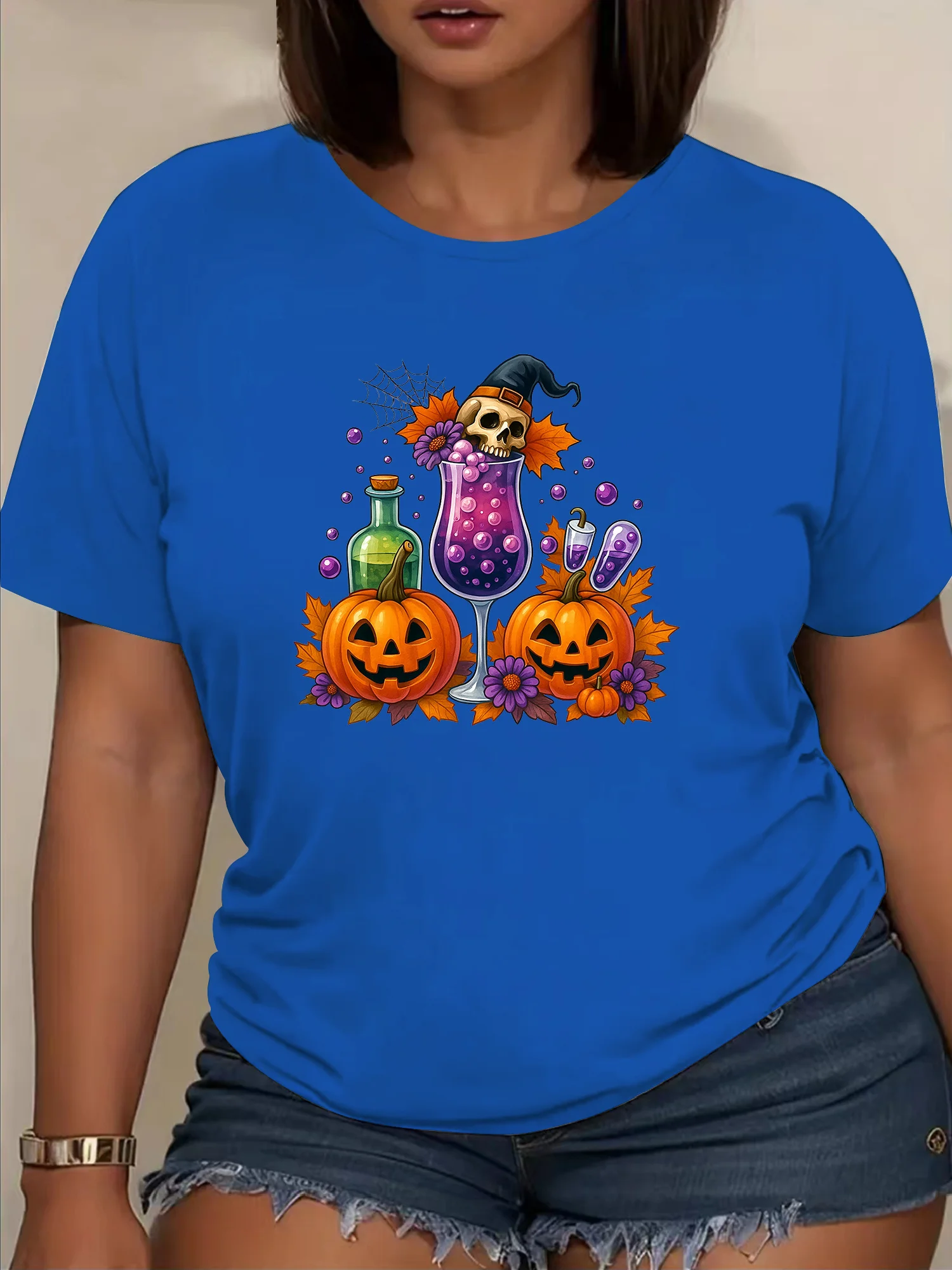 تي شيرت نسائي للهالوين - تي شيرت برسومات على شكل يقطين أزرق ملكي لفصلي الخريف وحفلات الهالوين وملابس كاجوال - قابل للغسل في الغسالة