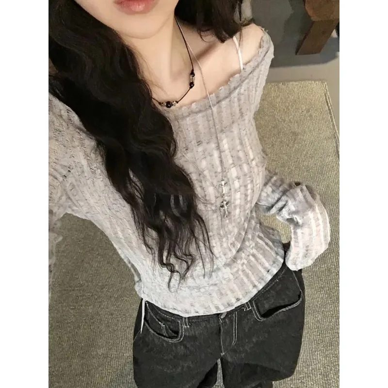 

Vintage Hollow-out Sexy Slim Knitted Long-sleeved T-shirt Women 2025 Autumn New High Street Strapless Solid Color All-match Tops