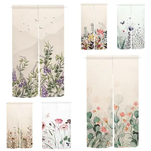 Floral Japanese Style Door Curtain Green Plant Leaf Linen Fabric Delicate Print Home Entrance Room Partition Half Curtains Decor