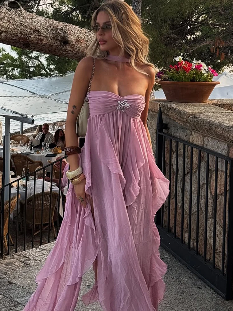 Rosa Unregelmäßige Rüschen Rand Neckholder Kleider Sommer Neue Ärmellose Off Schulter Urlaub Roben Frauen Chic Highstreet Strand Kleider