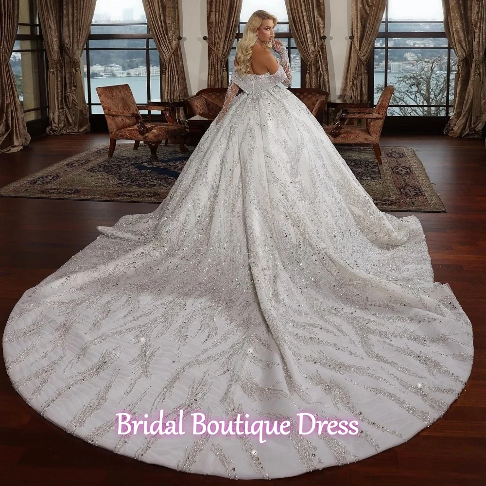 Customized Shining Beaded Sweetheart  Wedding Dress With Train Charming Off The Shoulder Bridal Gown  Dresses For Bride Vestido