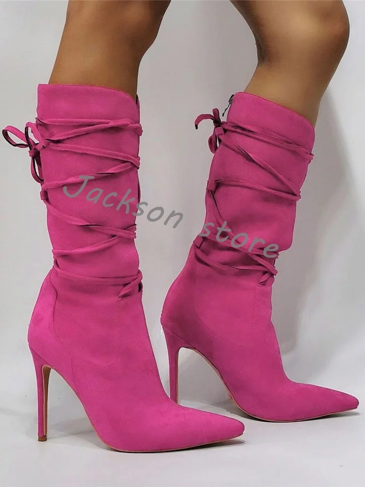 Women's Sexy Calf Boots Autumn Pointed Toe Strap Stiletto Heel Fashion Boots Suede Leather Comfortable Female Short Boots