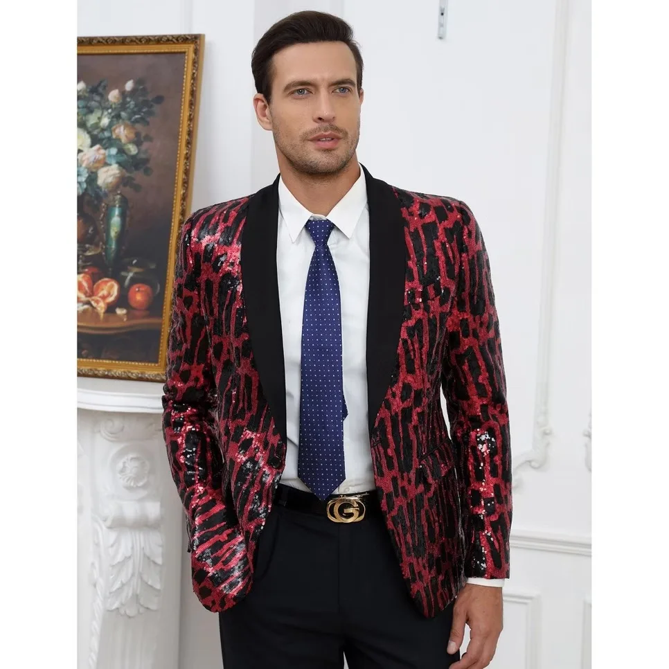 Stylish Men Suits Red Leopard Print Sequins Peak Lapel 2Pieces Coat Pants Single Breasted Wedding Party Casual Outfit Customized