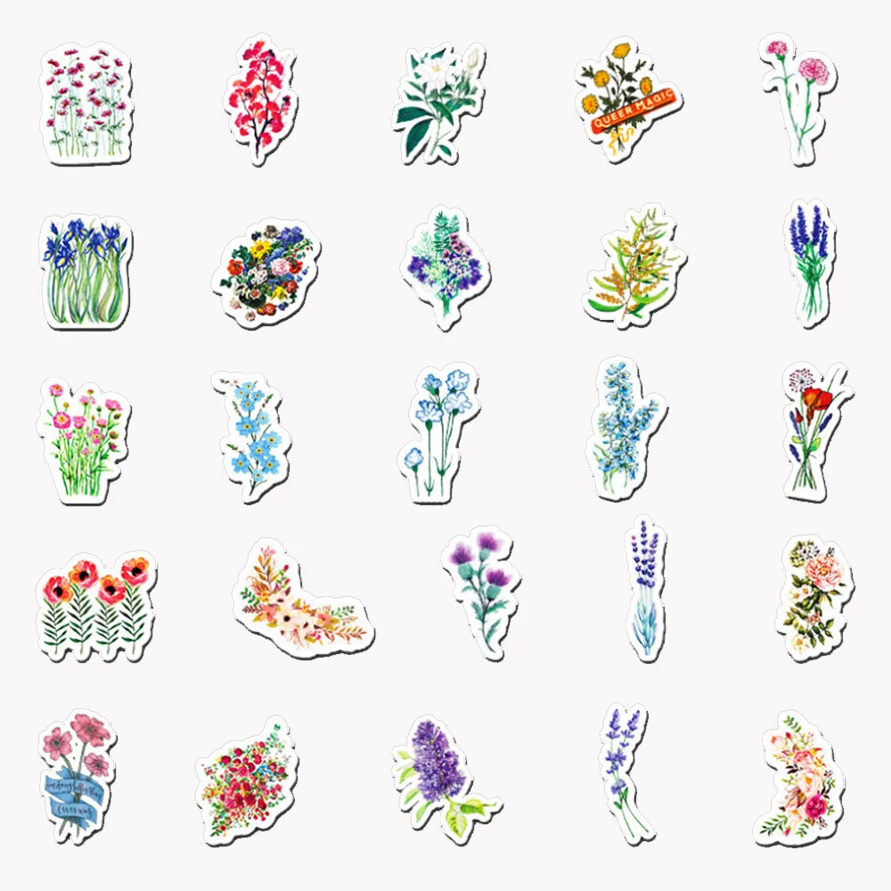 50-Piece Set Of Cartoon Plant Flowers Graffiti Waterproof Stickers Creative Refrigerator Water Cup Guitar Helmet Trendy Decorati