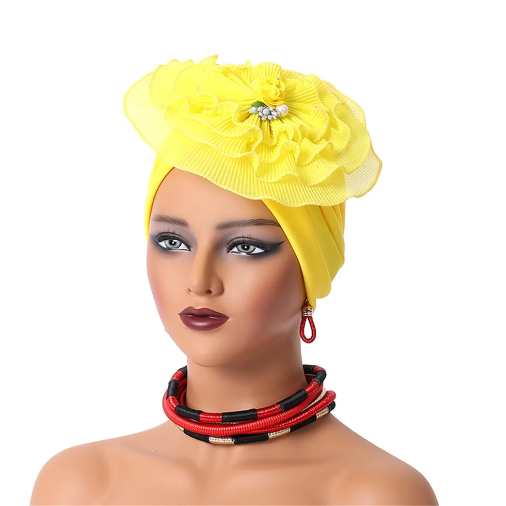 Big Flower Turban Cap for Women Pleated Head Wraps African Auto Gele Headtie Nigeria Wedding Party Headpiece