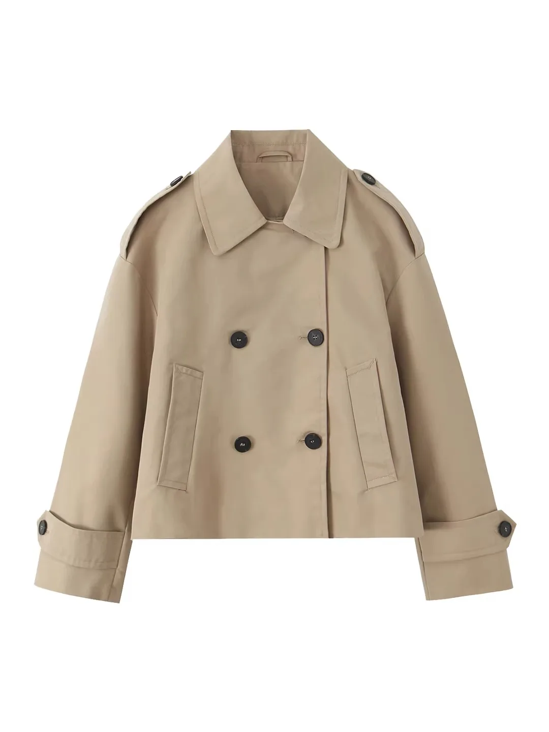 British Style Early Spring Classic Double Row Button Short Coat for Women Loose Age-Defying Simple Kaki Color Top